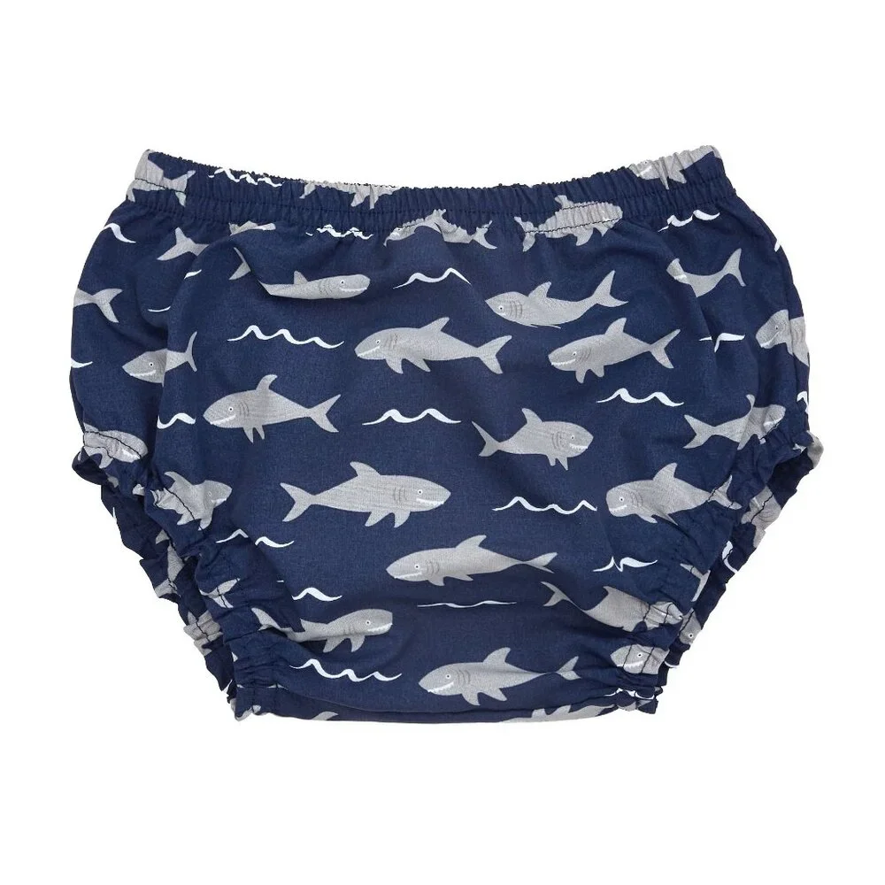 NWT Pottery Barn Kids Diaper Cover 12-24M Blue Gray Shark Print Water Resistant